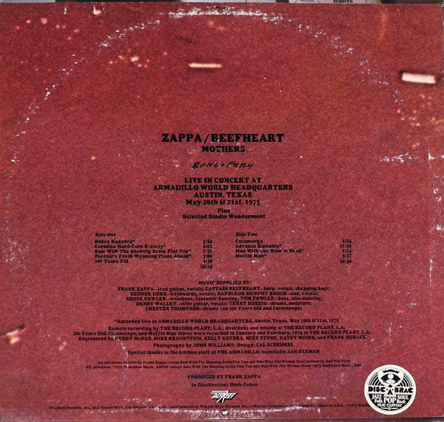 Photo of album back cover THE MOTHERS OF INVENTION ( with FRANK ZAPPA and CAPTAIN BEEFHEART ) - BONGO FURY