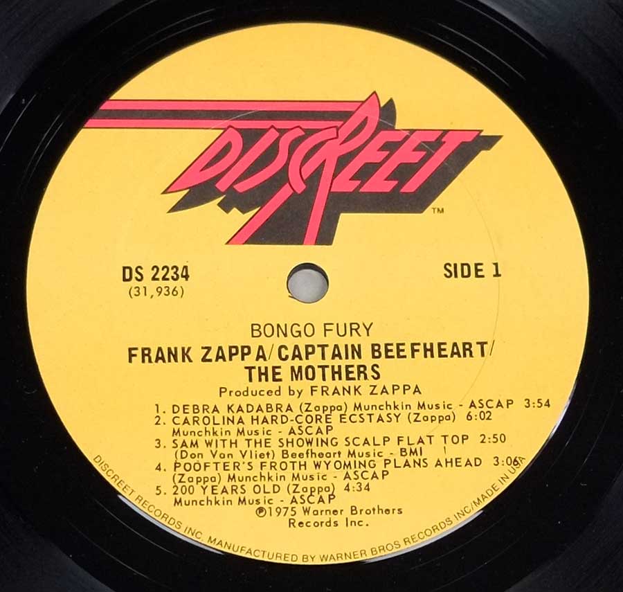 Close up of record's label THE MOTHERS OF INVENTION ( with FRANK ZAPPA and CAPTAIN BEEFHEART ) - BONGO FURY Side One