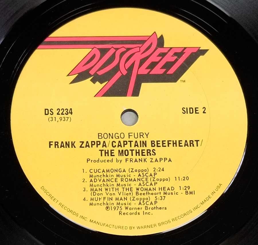 Close up of record's label THE MOTHERS OF INVENTION ( with FRANK ZAPPA and CAPTAIN BEEFHEART ) - BONGO FURY Side Two