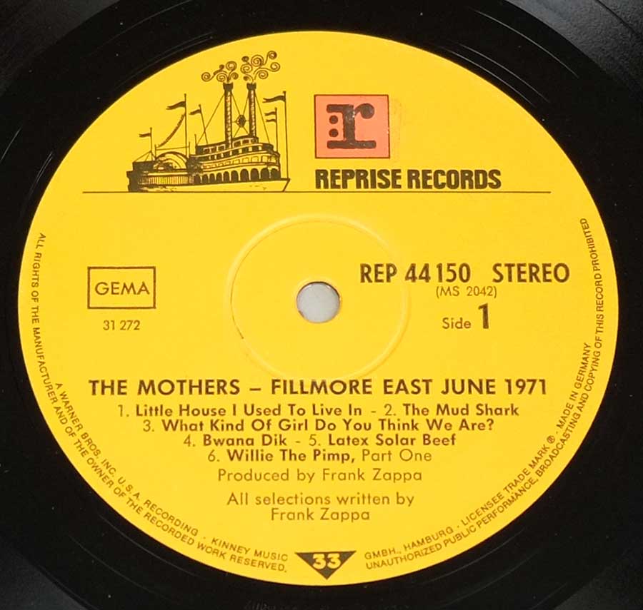 Close up of record's label THE MOTHERS ( OF INVENTION ) - Fillmore East 1971
 Side One