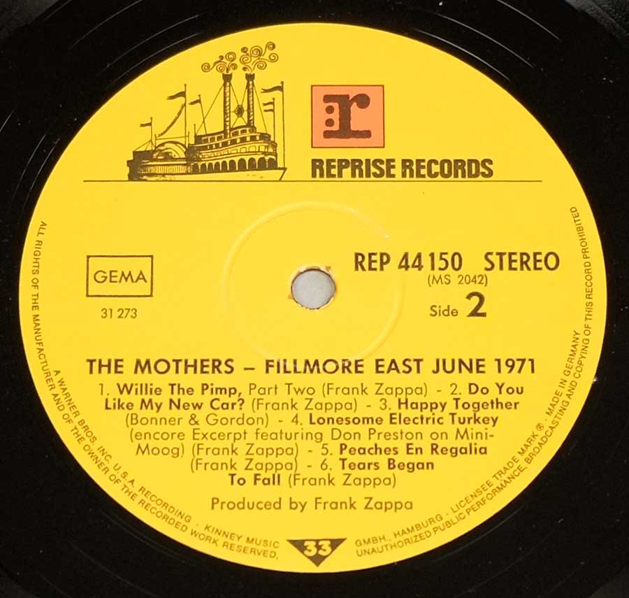 Close up of record's label THE MOTHERS ( OF INVENTION ) - Fillmore East 1971
 Side Two