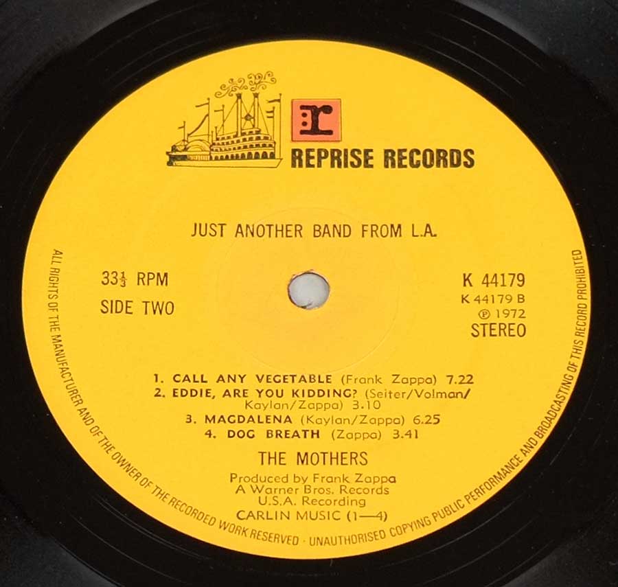 Close up of record's label LAS MOTHERS ( Of Invention ) - Just Another Band From L.A. UK  Side Two