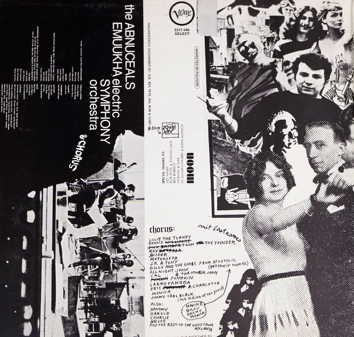 A high-contrast black-and-white collage showing people in various poses, mixed with studio photography, handwritten chorus credits, and vertical album text. The left portion features musicians performing with instruments in a rehearsal or recording space, while the right side blends cut-out photos of people layered over one another, some smiling, some looking away. The handwritten list labeled 'chorus' includes multiple names and playful annotations. The Verve logo and catalogue number appear near the top, while graphic elements such as arrows, boxes, and stylized text contribute to the chaotic visual layout. The overall image resembles an experimental scrapbook combining orchestra documentation, candid imagery, and surreal montage.