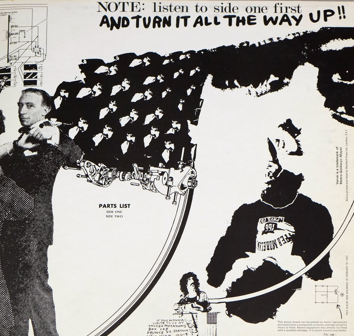 A stark black-and-white collage mixing mechanical diagrams, bold handwritten instructions, fragmented silhouettes of people, and surreal cut-out imagery. Across the top, large lettering commands the listener to play side one first and turn the volume all the way up. On the left, a sharply dressed _PERSON_ appears mid-gesture, while a circular mechanical assembly arcs across the lower half of the image. Multiple duplicated head silhouettes form a patterned field, and a large upside-down face appears on the right. Near the bottom, a small seated _PERSON_ is depicted in a comic-like vignette with tiny printed text. Technical notes and Verve trademark lines run along the edges, giving the whole composition a chaotic mix of instruction sheet, satire, and avant-garde album art.