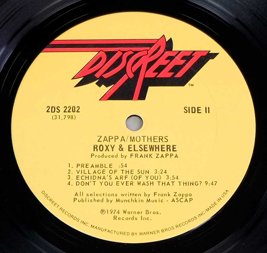 Close up of record's label Side Three FRANK ZAPPA & MOTHERS OF INVENTION - Roxy & Elsewhere USA 1ST Pressing Gatefold 2LP 12" VINYL Album 