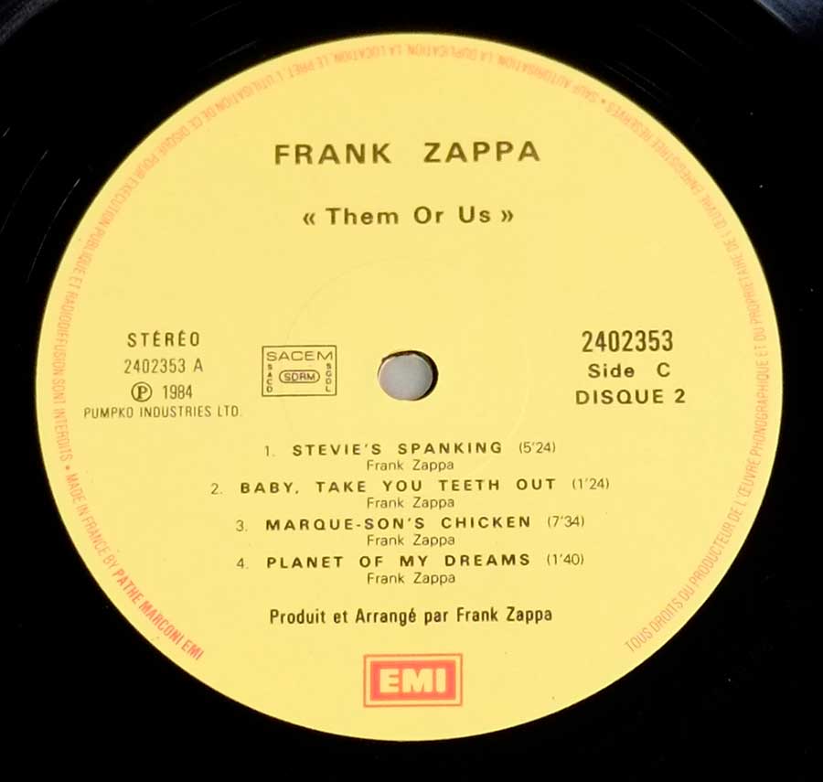 FRANK ZAPPA - Them Or Us France Release Gatefold 12" 2LP VINYL Album
 enlarged record label