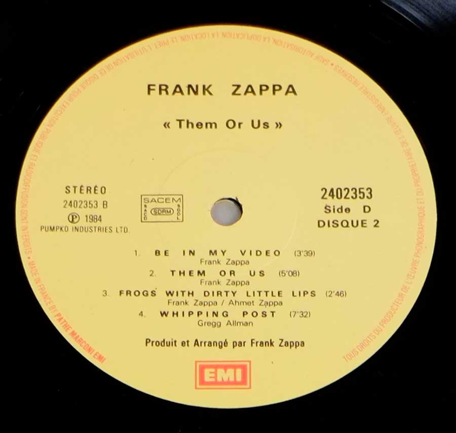 FRANK ZAPPA - Them Or Us France Release Gatefold 12" 2LP VINYL Album
 enlarged record label