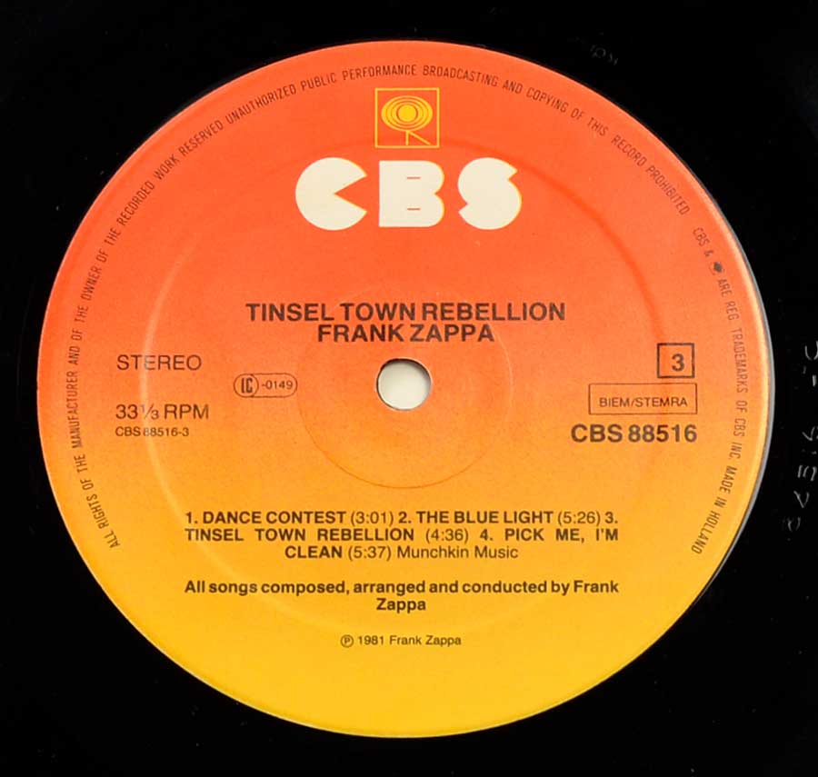 Close up of record's label FRANK ZAPPA - Tinsel Town Rebellion Side Three