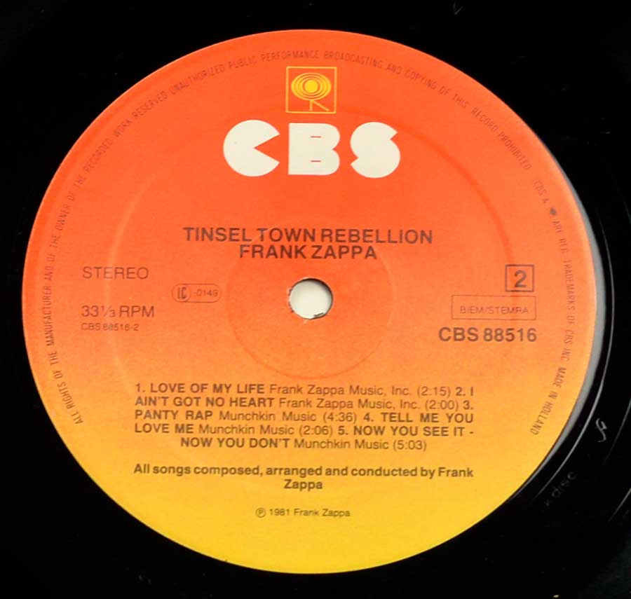 Close up of record's label FRANK ZAPPA - Tinsel Town Rebellion Side One