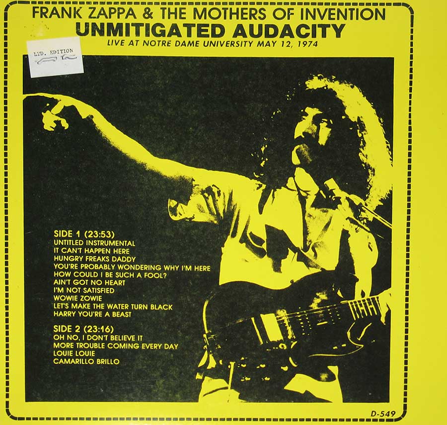 FRANK ZAPPA & MOTHERS OF INVENTION - Unmitigated Audacity 12"VINYL LP ALBUM album front cover