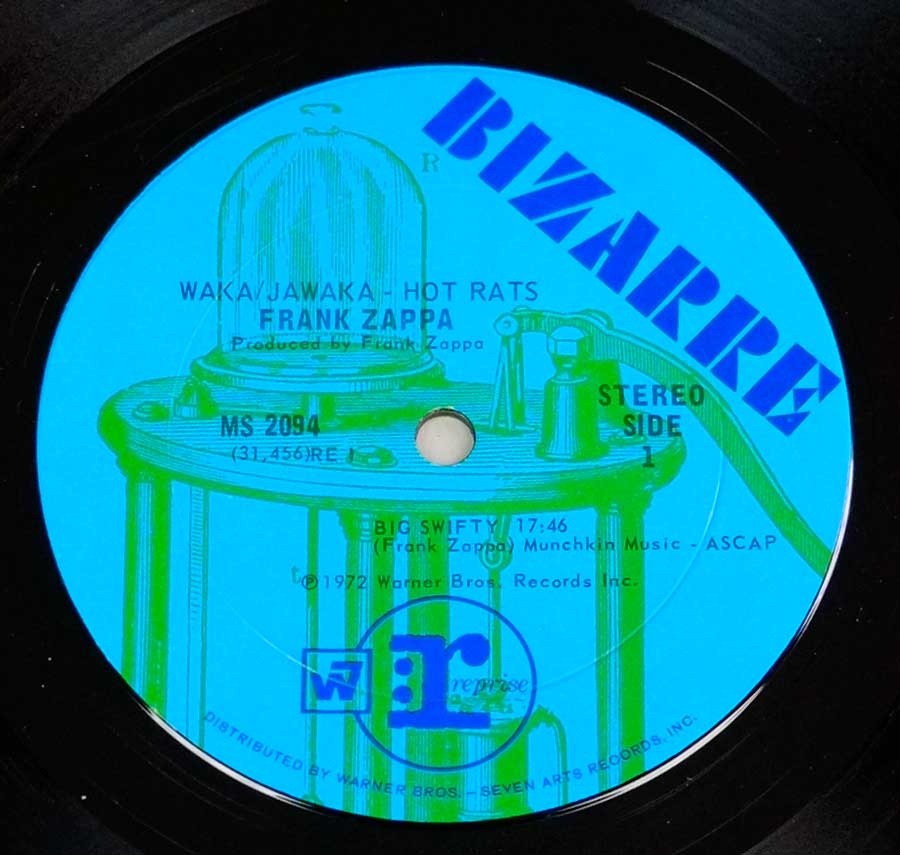 Close up of record's label FRANK ZAPPA - Waka Jawaka Hot Rats Blue Bizarre Usa Warner 12" LP VINYL Side One