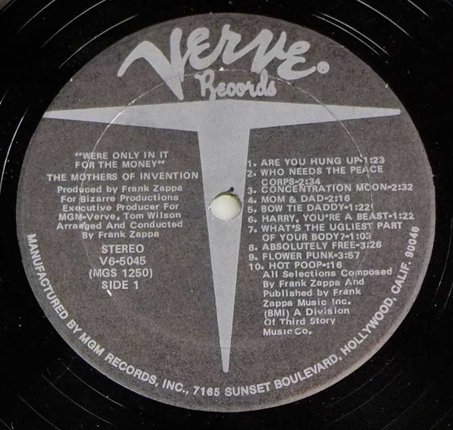 Close up of record's label MOTHERS OF INVENTION - We're Only In For The Money Side One