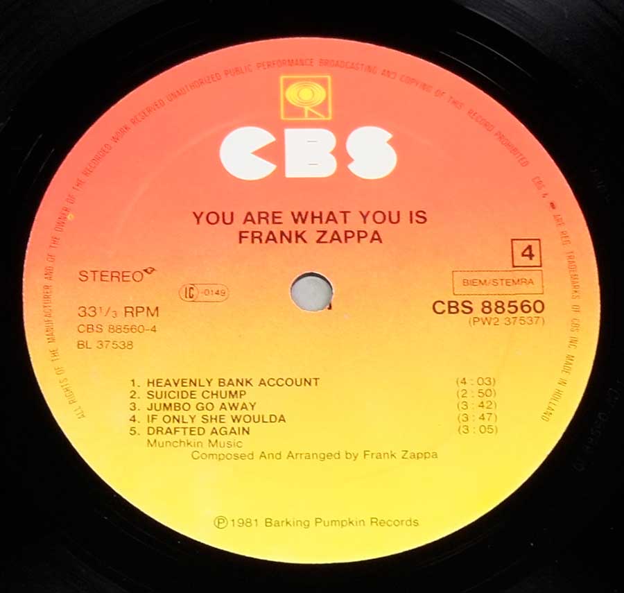 FRANK ZAPPA - You Are What You Is Gatefold 2LP 12" DLP VINYL Album  enlarged record label