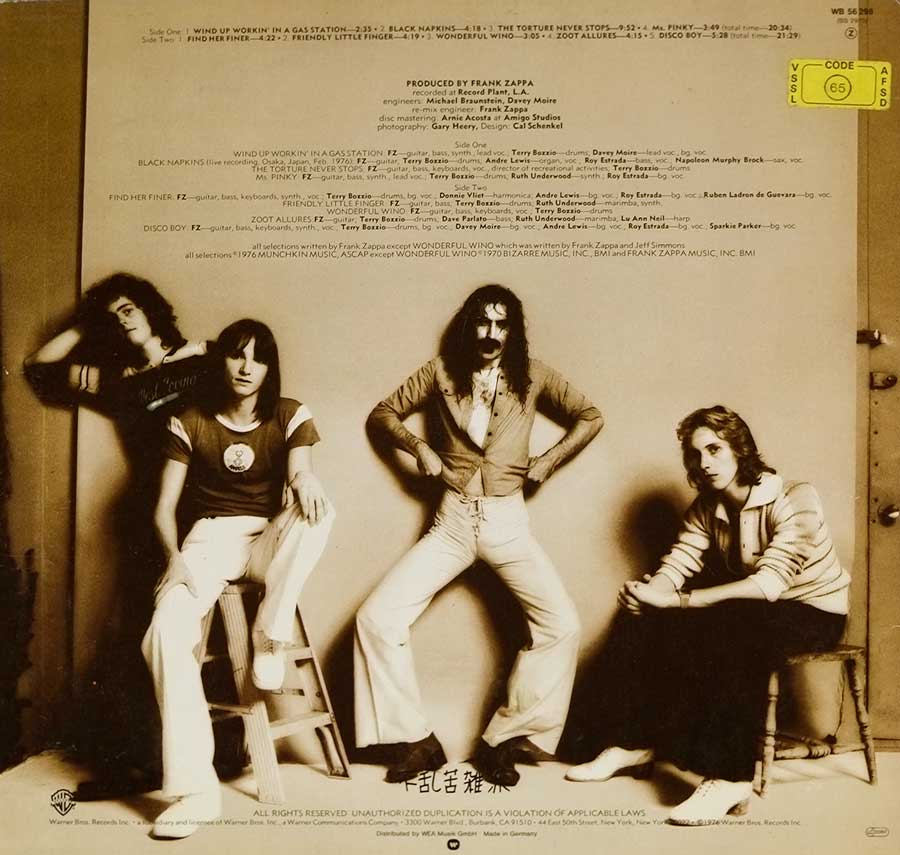 FRANK ZAPPA - Zoot Allures Germany Release 1976 12" LP VINYL  back cover