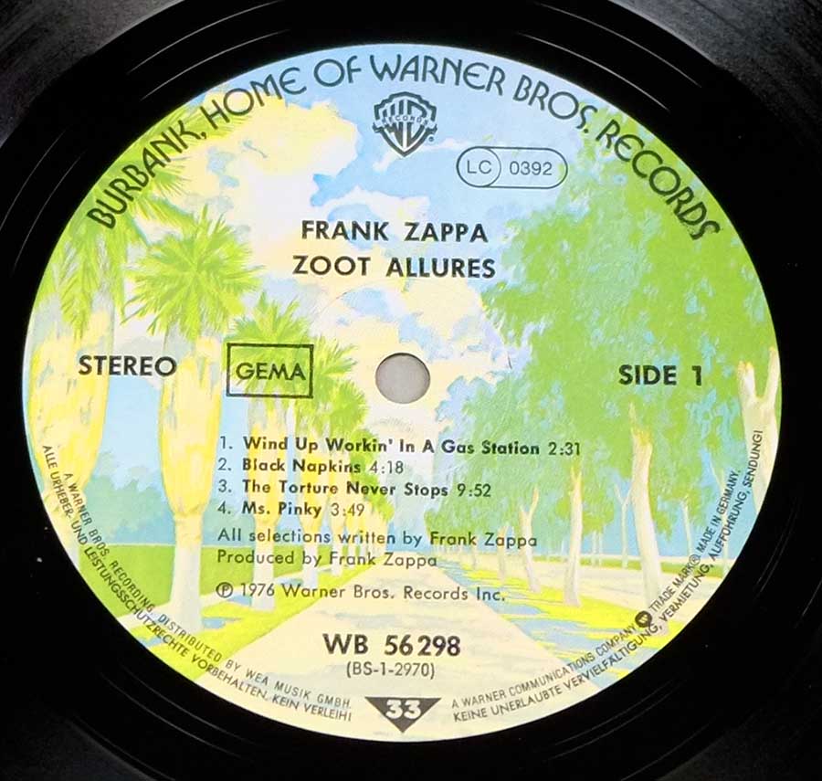 "Zoot Allures" Record Label Details: Warner Bros WB 56 298 ℗ 1976 Warner Bris Sound Copyright 