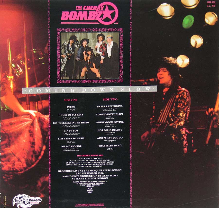 CHERRY BOMBZ - Coming Down Slow 12" Vinyl LP Album
 back cover