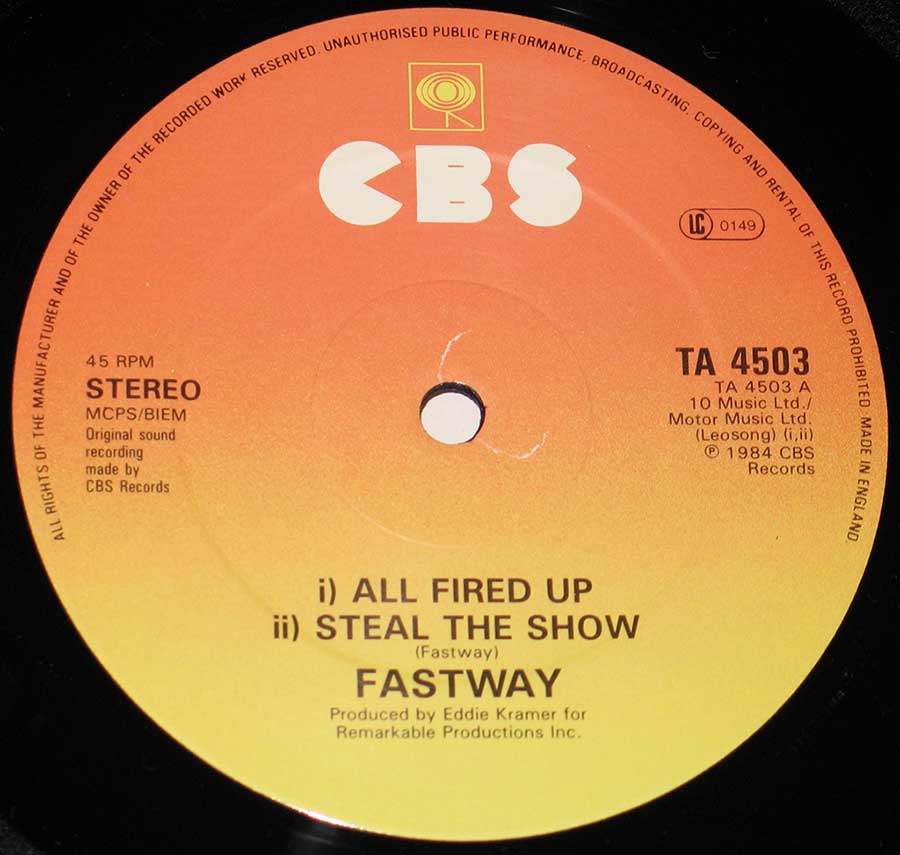 Close up of Side One record's label FASTWAY - All Fired Up 12" Vinyl Mini-LP
