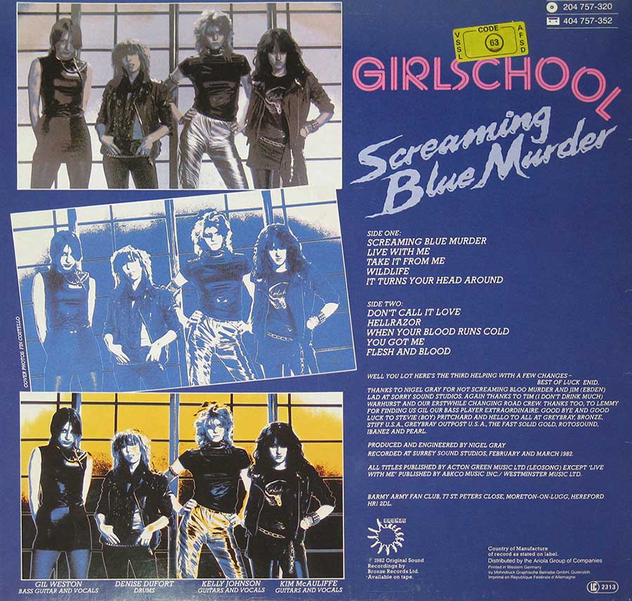 GIRLSCHOOL - Screaming Blue Murder 12" VINYL LP ALBUM
 back cover