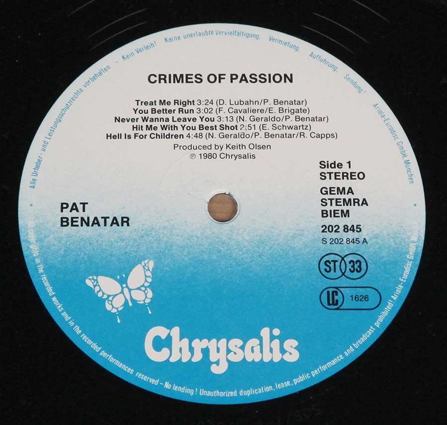 Close-up Photo of "PAT BENATAR - Crimes of Passion" Record Label 