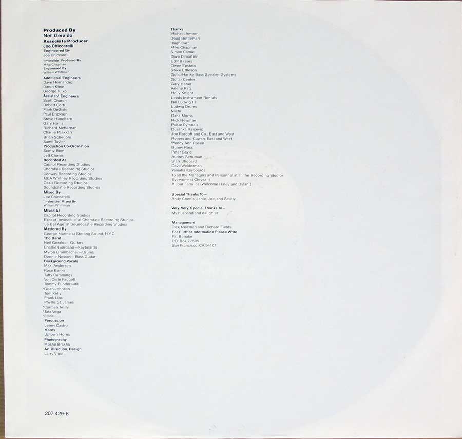 Inner Sleeve   of "PAT BENATAR - Seven the Hard Way" Album
