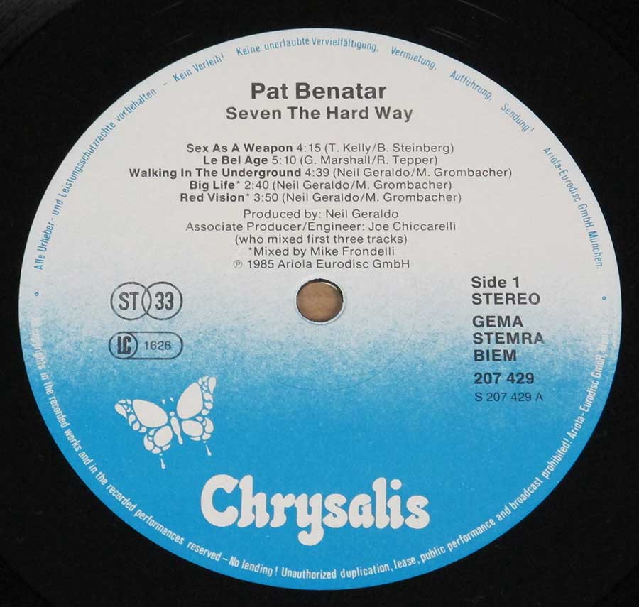 Close-up Photo of "PAT BENATAR - Seven the Hard Way" Record Label 