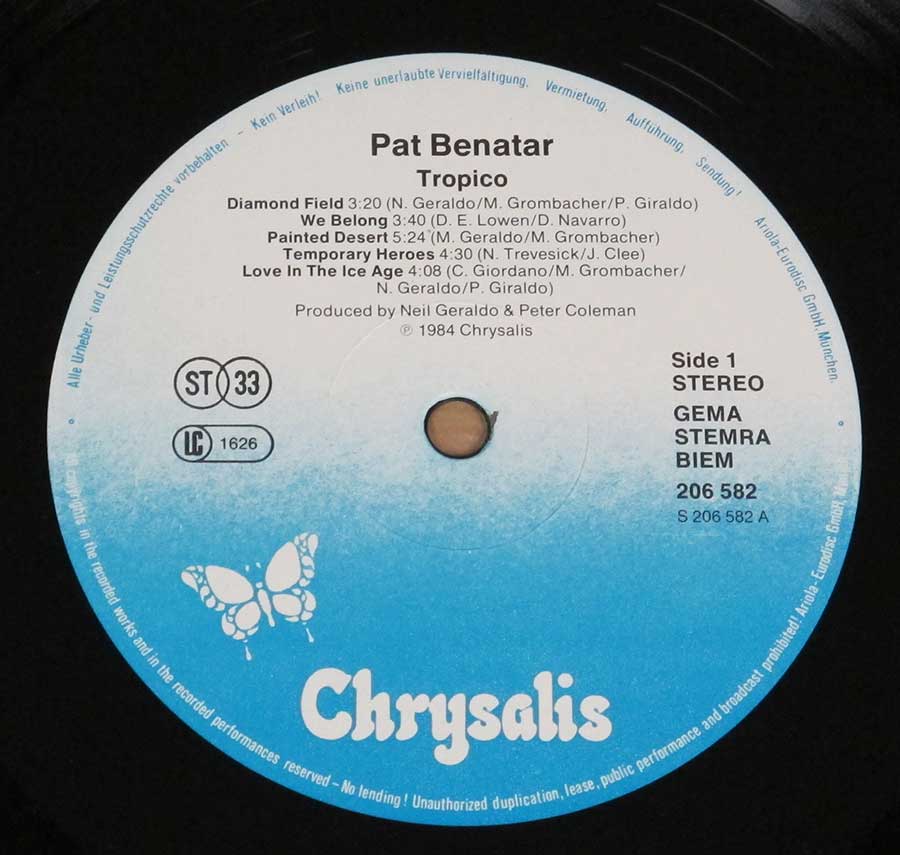 Close-up Photo of "PAT BENATAR - Tropico" Record Label 