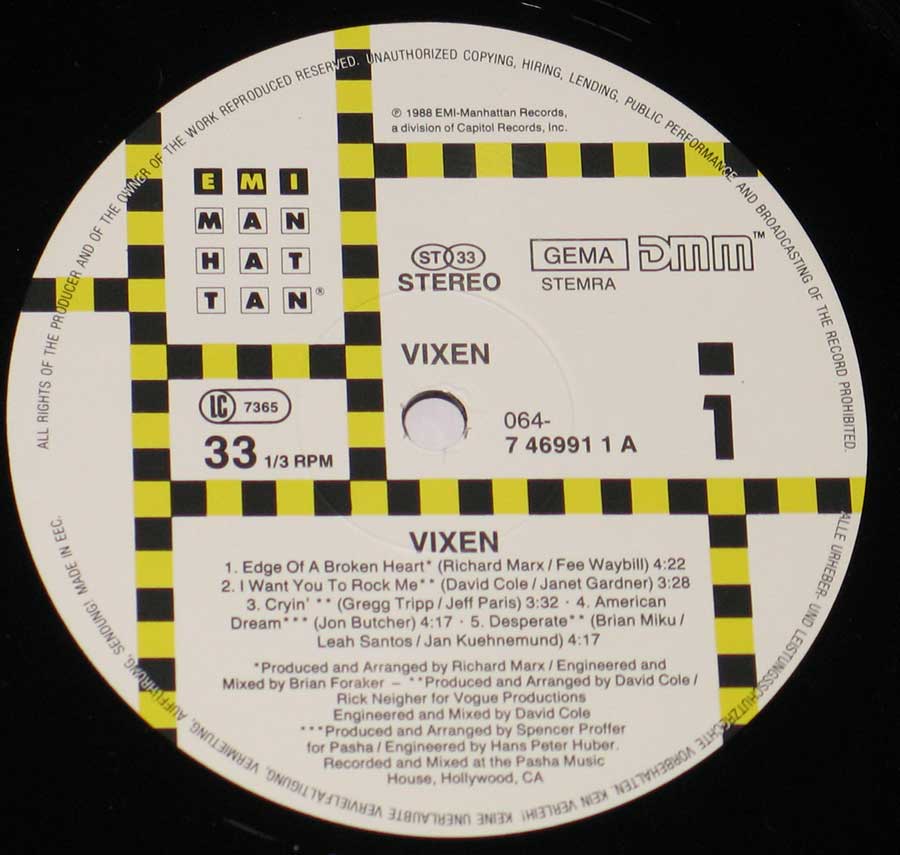 Close-up Photo of Vixen's self-titled Record Label  