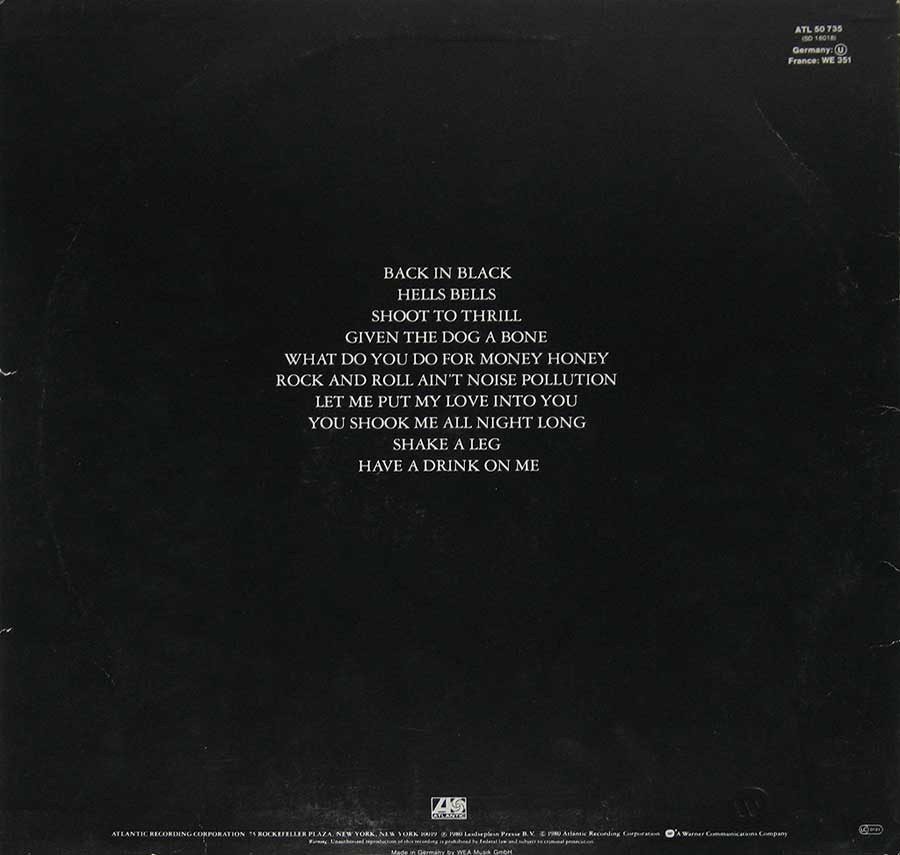 Photo of album back cover AC/DC - Back In Black 