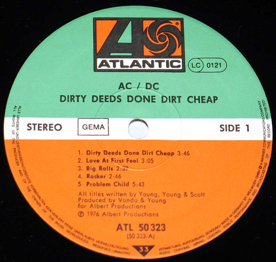 Close up of the AC/DC - Dirty Deeds Done Dirt Cheap (Germany) record's label