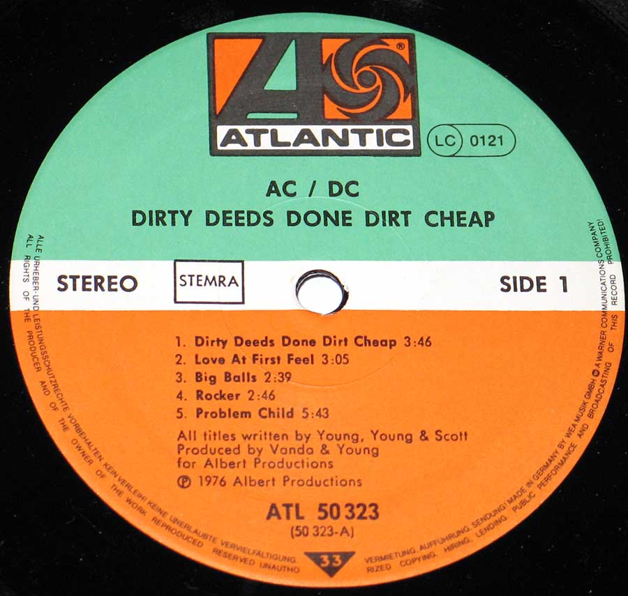 Close up of the AC/DC - Dirty Deeds Done Dirt Cheap ( Holland Release ) record's label