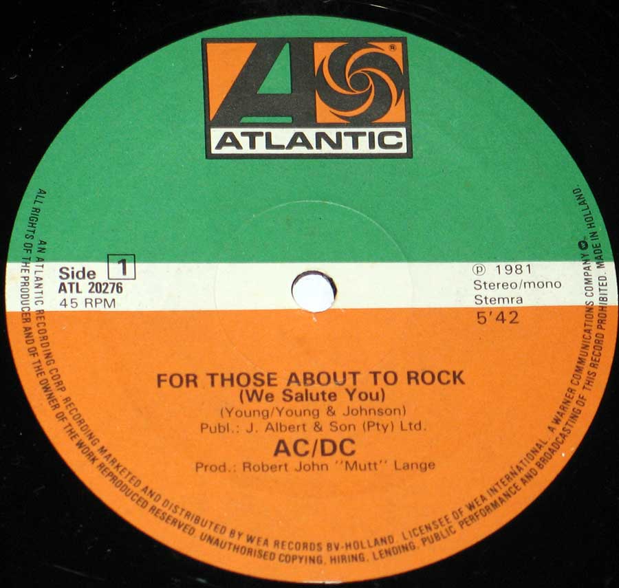Close up of the AC/DC - For Those About To Rock record's label