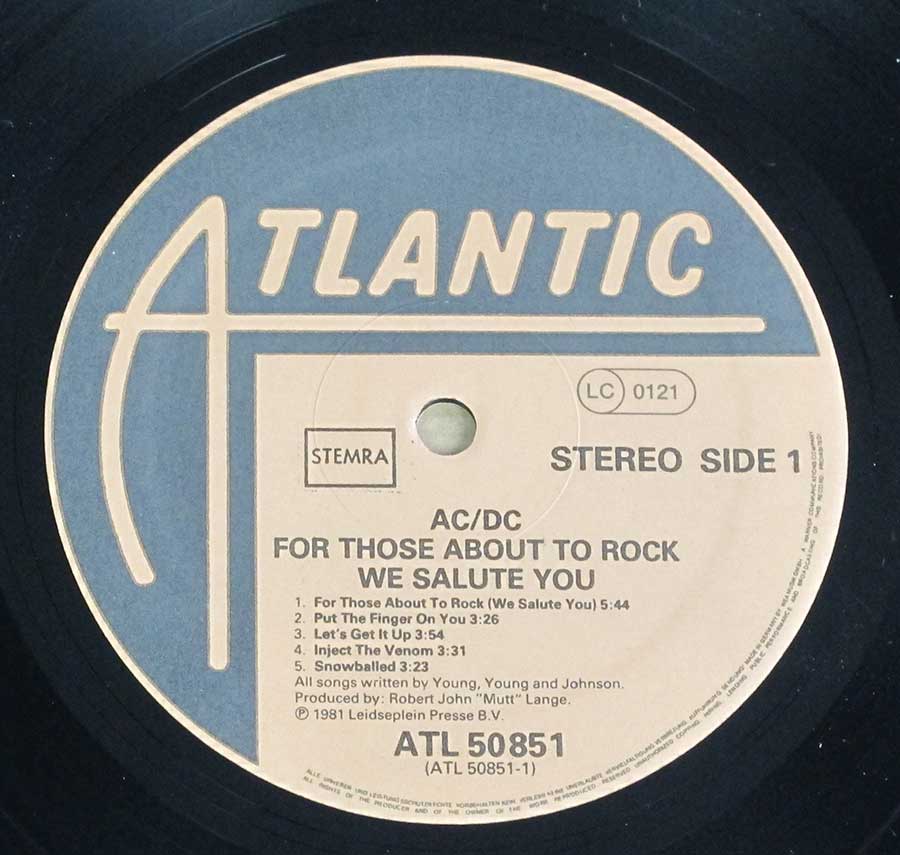 Close up of the AC/DC - For Those About To Rock We Salute You ( German Release ) record's label