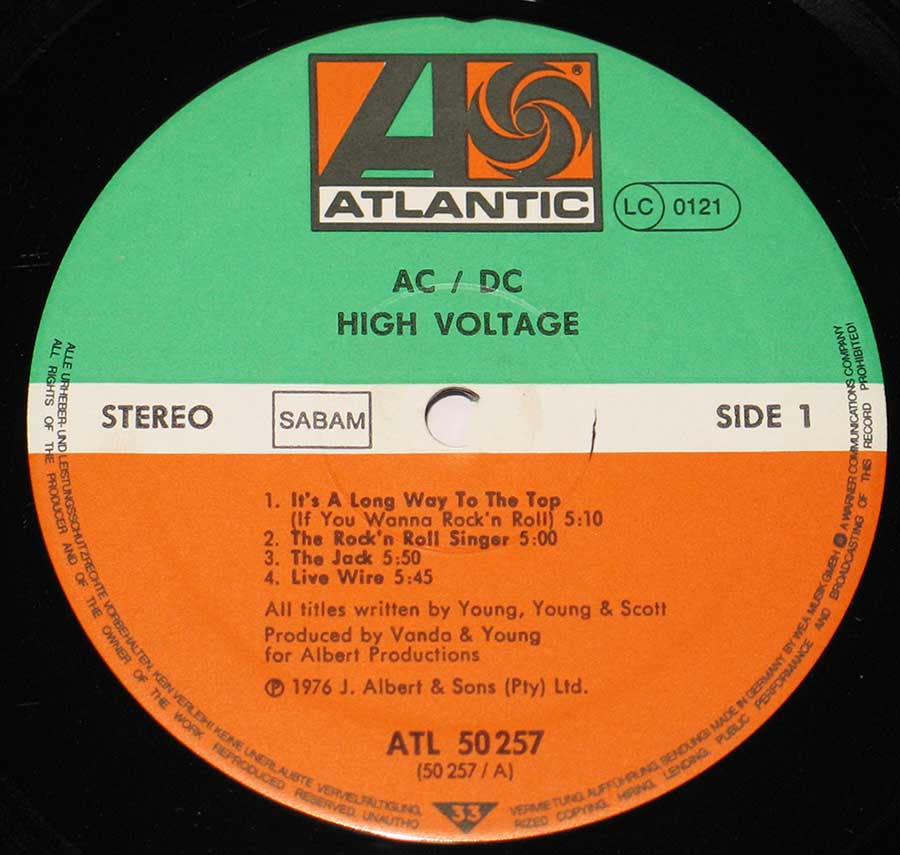 Close up of the AC/DC - High Voltage ( Belgium Import ) record's label