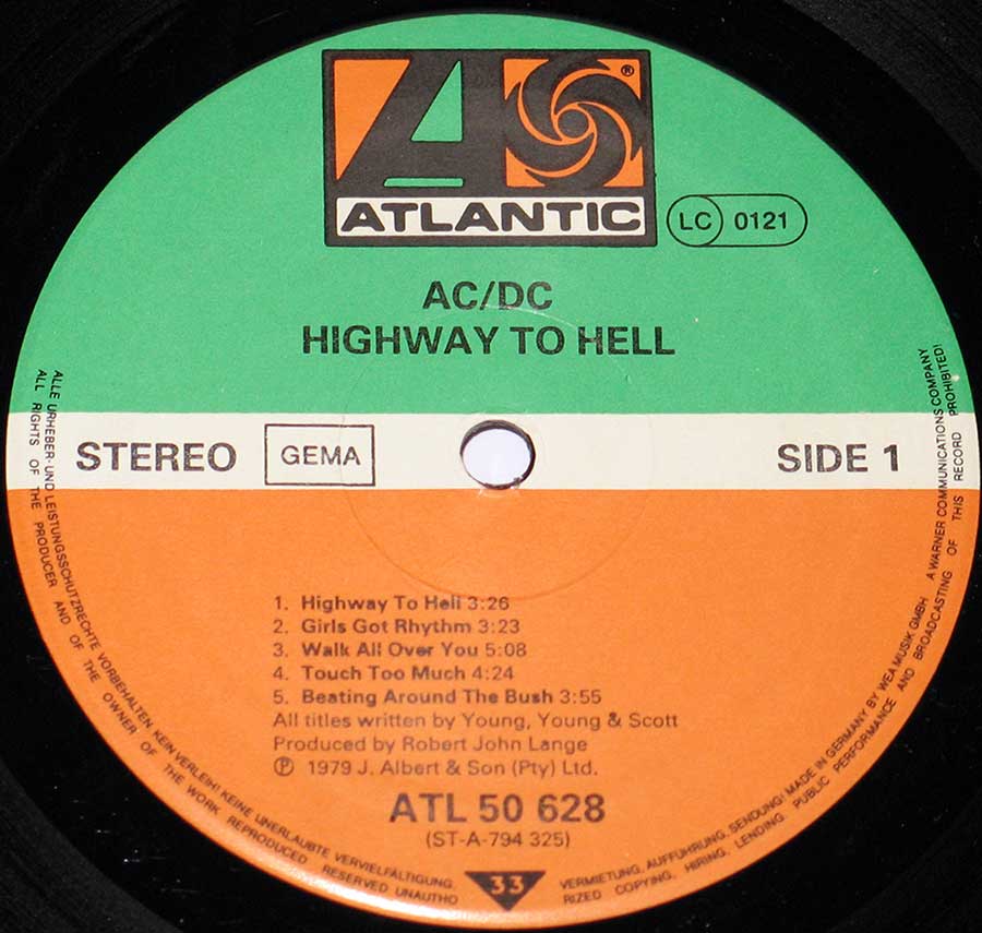 Close up of the AC/DC - Highway To Hell ( Atlantic Records ) record's label