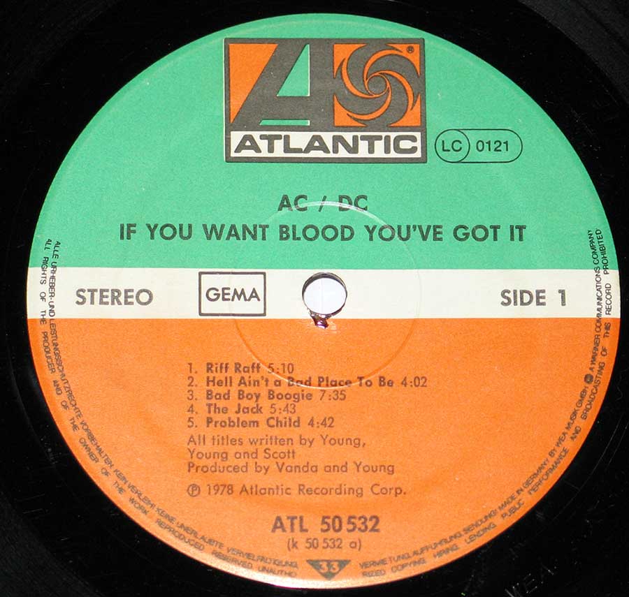 Close up of the AC/DC - If You Want Blood You Got It ( German Release ) record's label