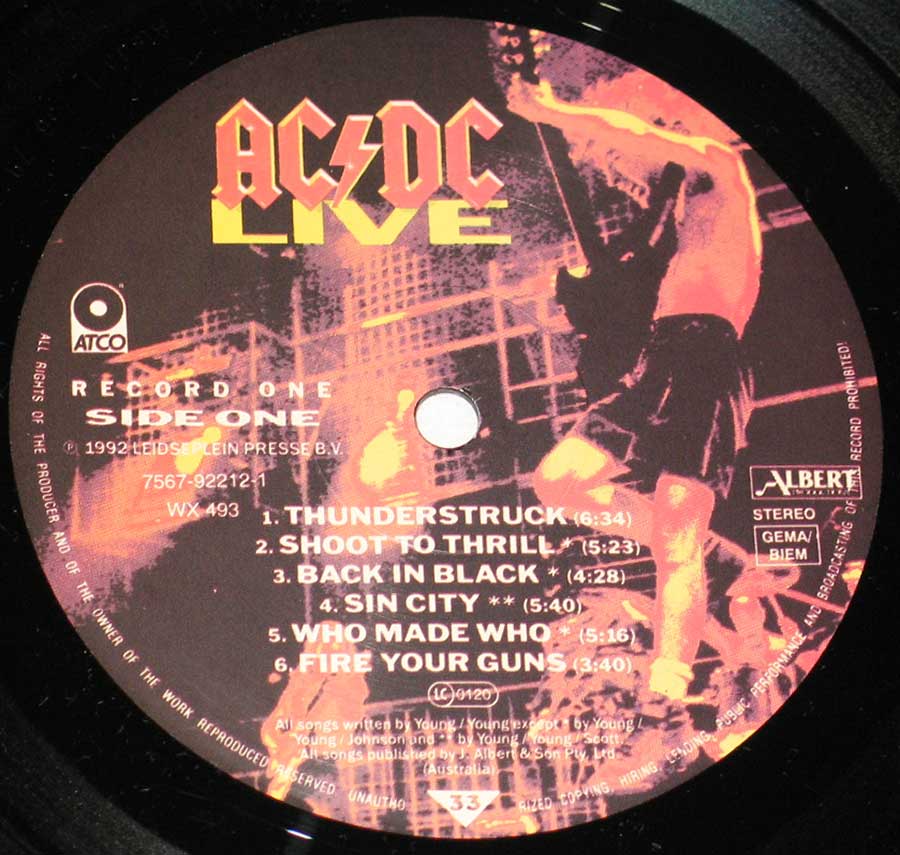 Close up of the AC/DC - Live Special Collector's Edition Sexy Inner Cover 2LP record's label