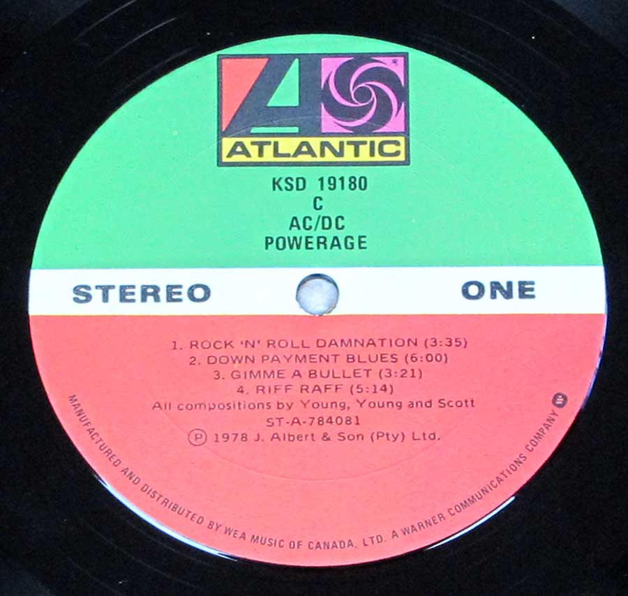 Close up of the AC/DC - Powerage ( Canadian Release ) record's label