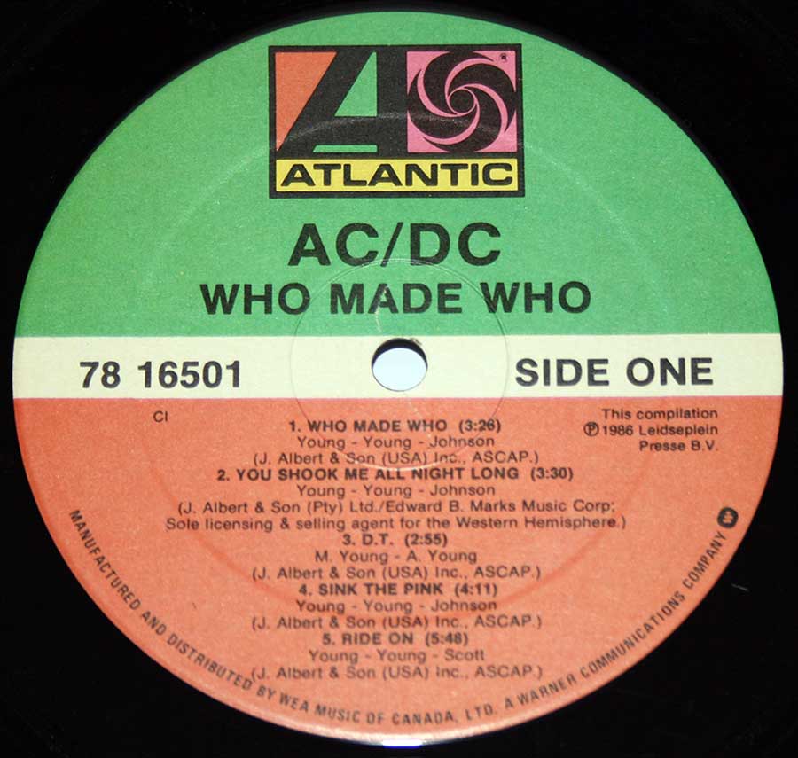 Close up of the AC/DC - Who Made Who ( Canadian Release ) record's label