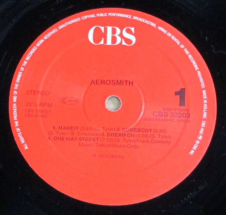 Close up of Side One record's label AEROSMITH - S/T Self-Titled Red CBS 12" LP VINYL ALBUM
