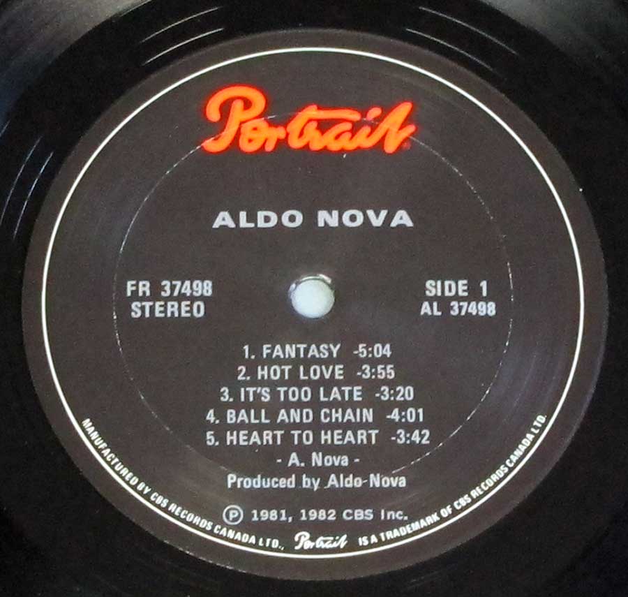 Close up of record's label ALDO NOVA - S/T Self-Titled Lyrics Sleeve Side One