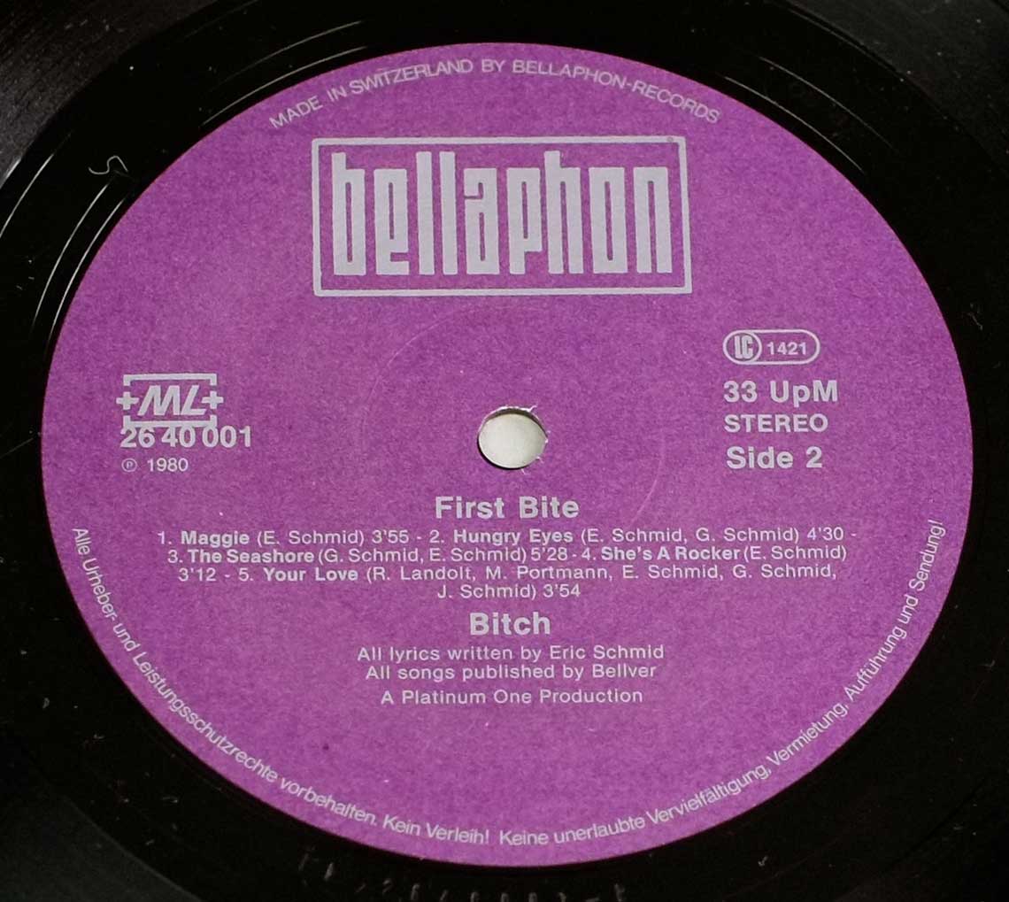 Large Hires Photo Close-up of "Bellaphon" Purple Record Label with +ML+ and Made in Switzerland  