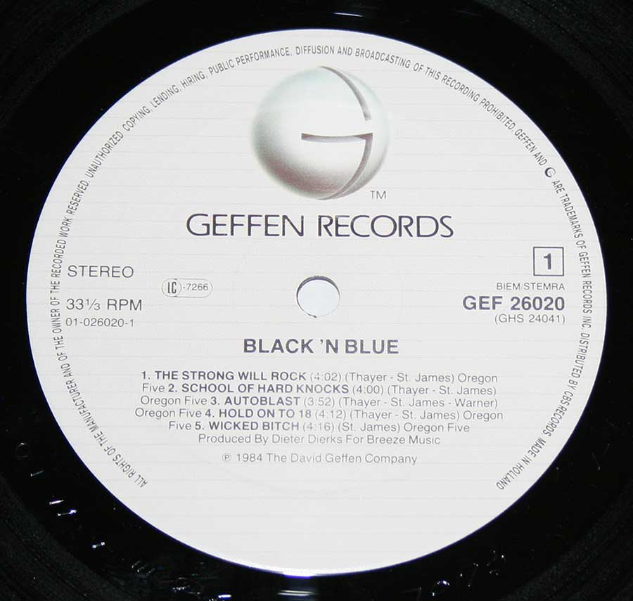 Close up of Side One record's label BLACK 'N BLUE - Self-Titled 12" Vinyl LP Album