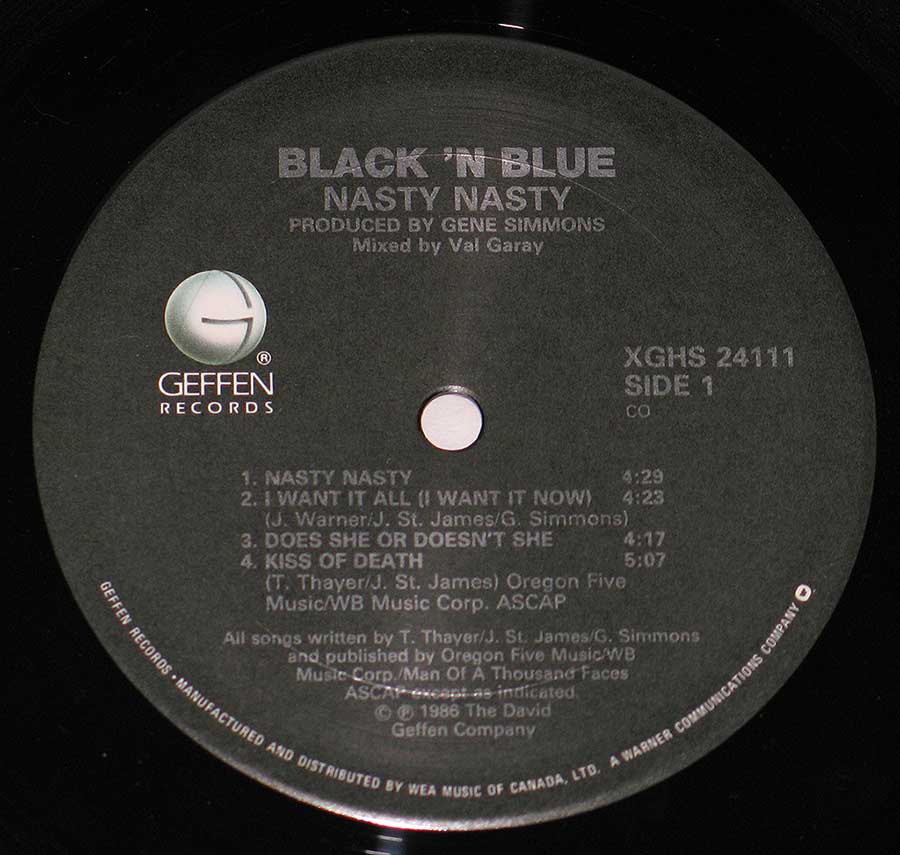 Close up of Side One record's label BLACK 'N BLUE - Nasty Nasty Gene Simmons 12" Vinyl LP Album