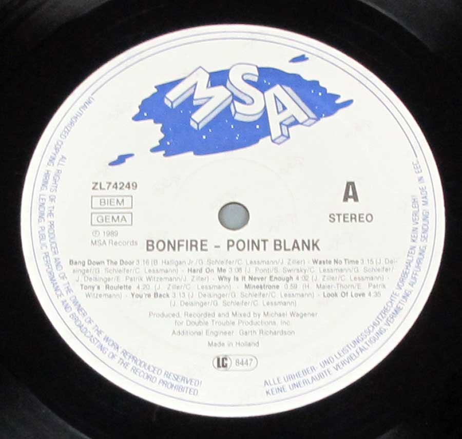 "Point Blank" White background colour with Blue Lettering MSA Record Label Details: MSA ZL744249 ℗ 1989 MSA Records Sound Copyright 