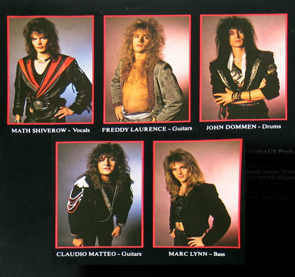 Band members of China posing for their album photo, featuring Math Shiverow on vocals, Freddy Laurence on guitars, John Dommen on drums, Claudio Matteo on guitars, and Marc Lynn on bass. Each member is captured in individual portraits with 1980s glam rock styling, surrounded by red borders on a black background.  https://vinyl-records.nl/