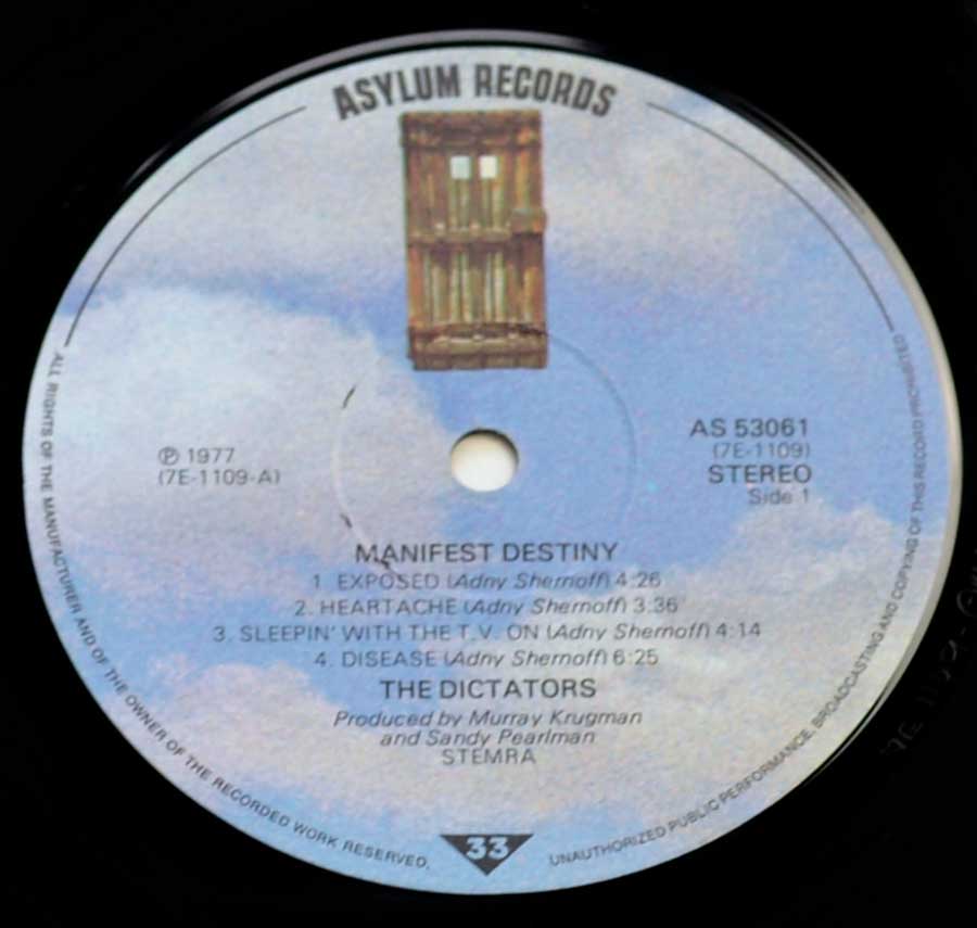 Close up of record's label THE DICTATORS ( Punk Band ) – Manifest Destiny Side One