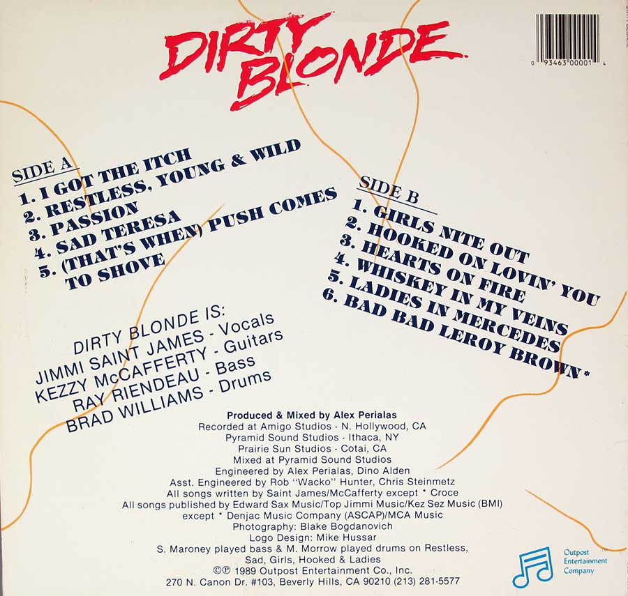 Photo of album back cover DIRTY BLONDE - Passion 12" LP Vinyl Album