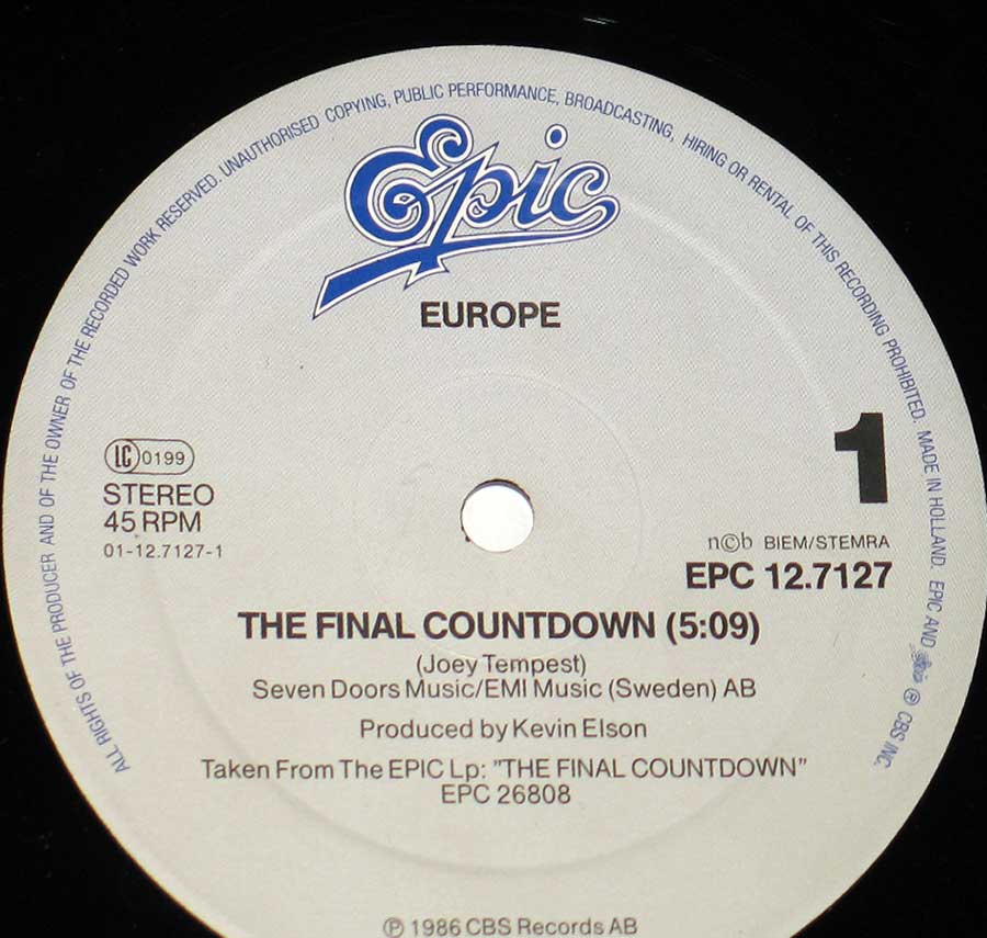 Close up of record's label EUROPE - Final Countdown Extended Version 7" Single Picture Sleeve Side One