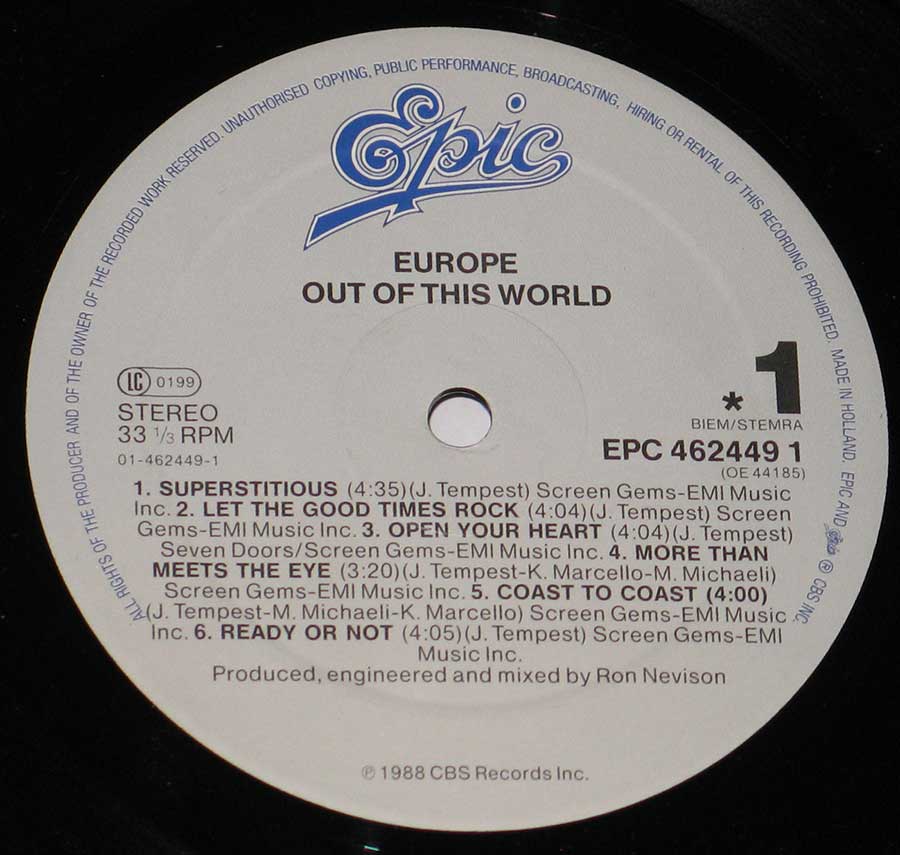 Close up of record's label EUROPE - Out of this World 12" Vinyl LP Album Side One