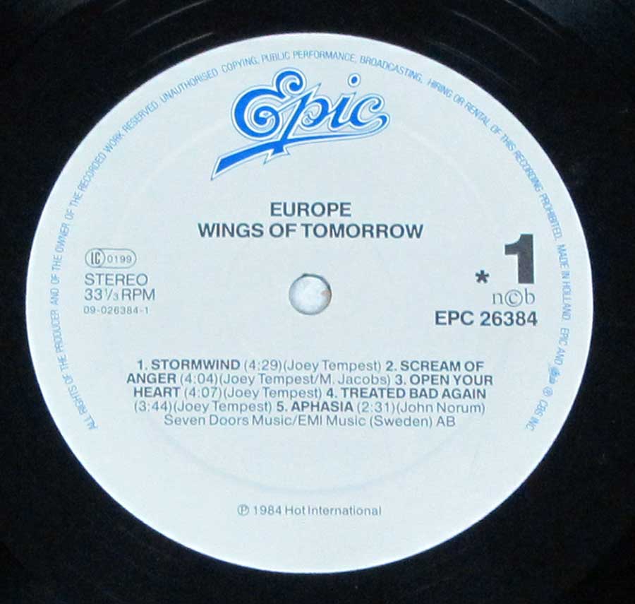 Close up of record's label EUROPE - Wings of Tomorrow Hot Records 12" LP Vinyl Album Side One